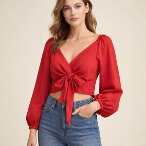 Express Red Tie Front Crop Top Smocked Long Sleeve XS NWT